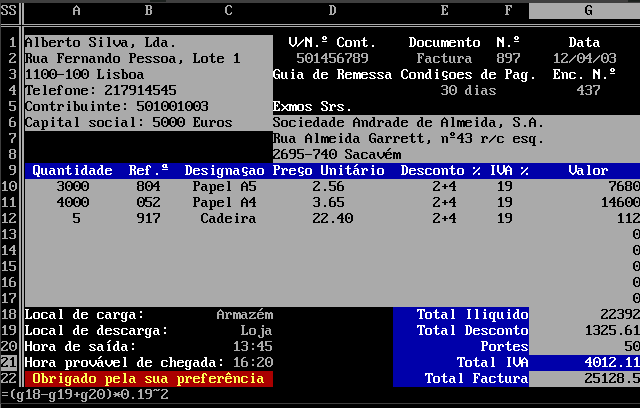 Screenshot of the program running, displaying a sample invoice